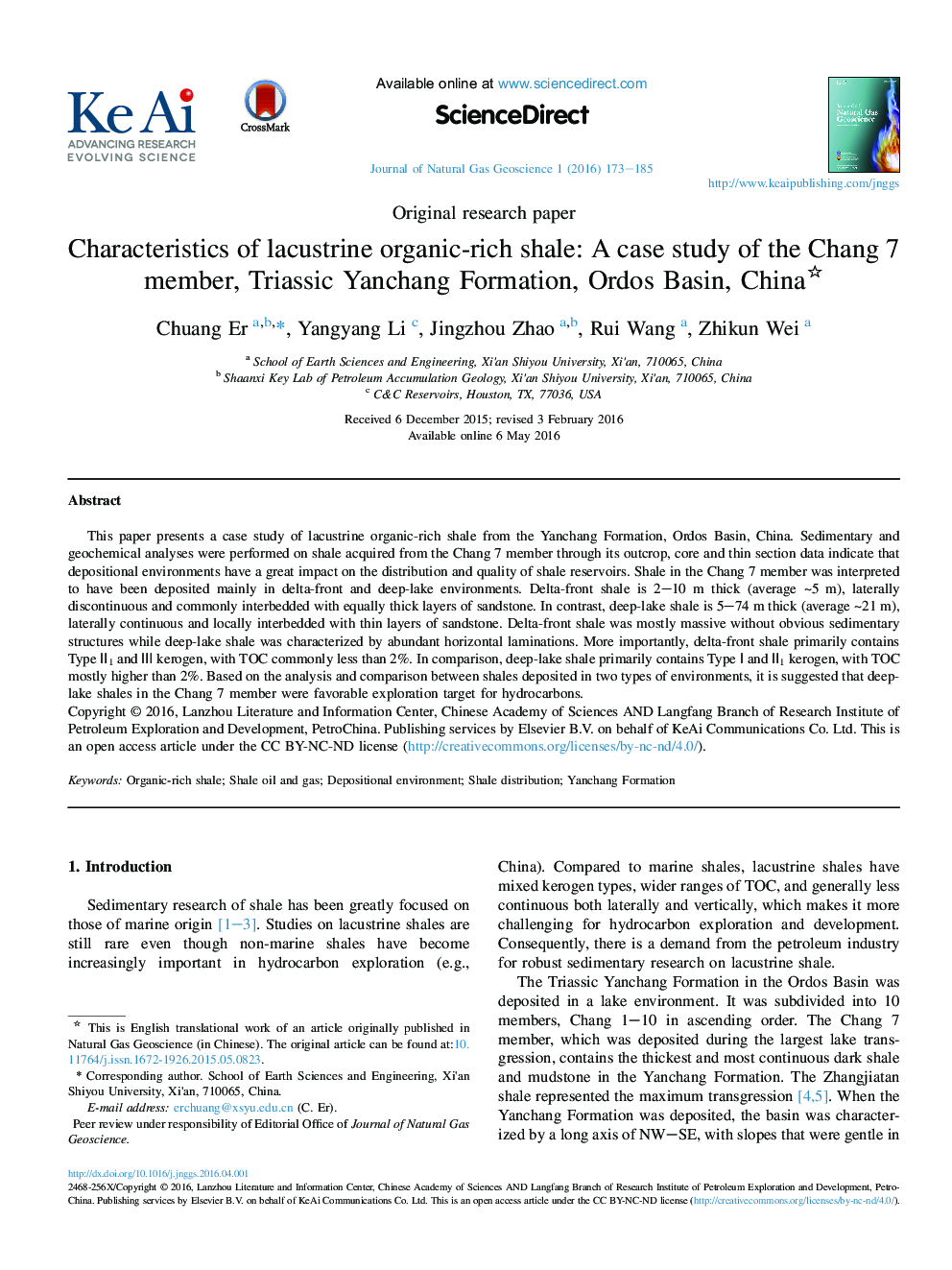 Characteristics of lacustrine organic-rich shale: A case study of the Chang 7 member, Triassic Yanchang Formation, Ordos Basin, China 