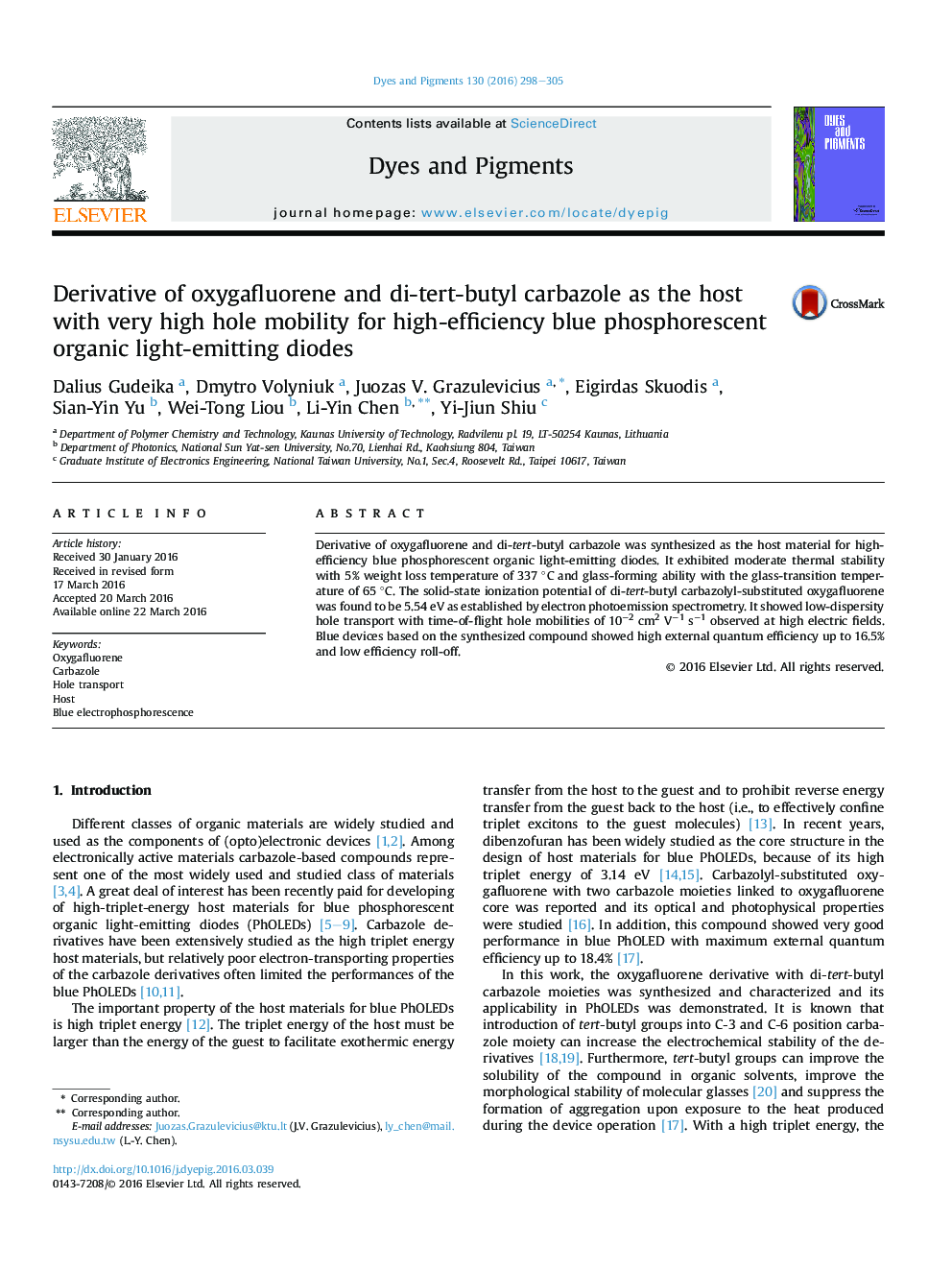 Derivative of oxygafluorene and di-tert-butyl carbazole as the host with very high hole mobility for high-efficiency blue phosphorescent organic light-emitting diodes