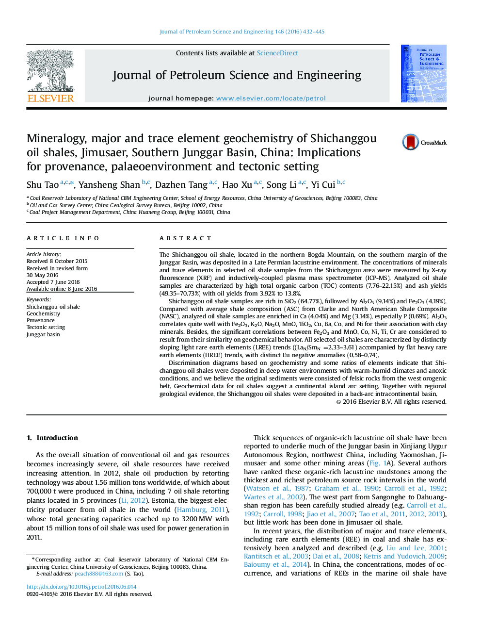 Mineralogy, major and trace element geochemistry of Shichanggou oil shales, Jimusaer, Southern Junggar Basin, China: Implications for provenance, palaeoenvironment and tectonic setting