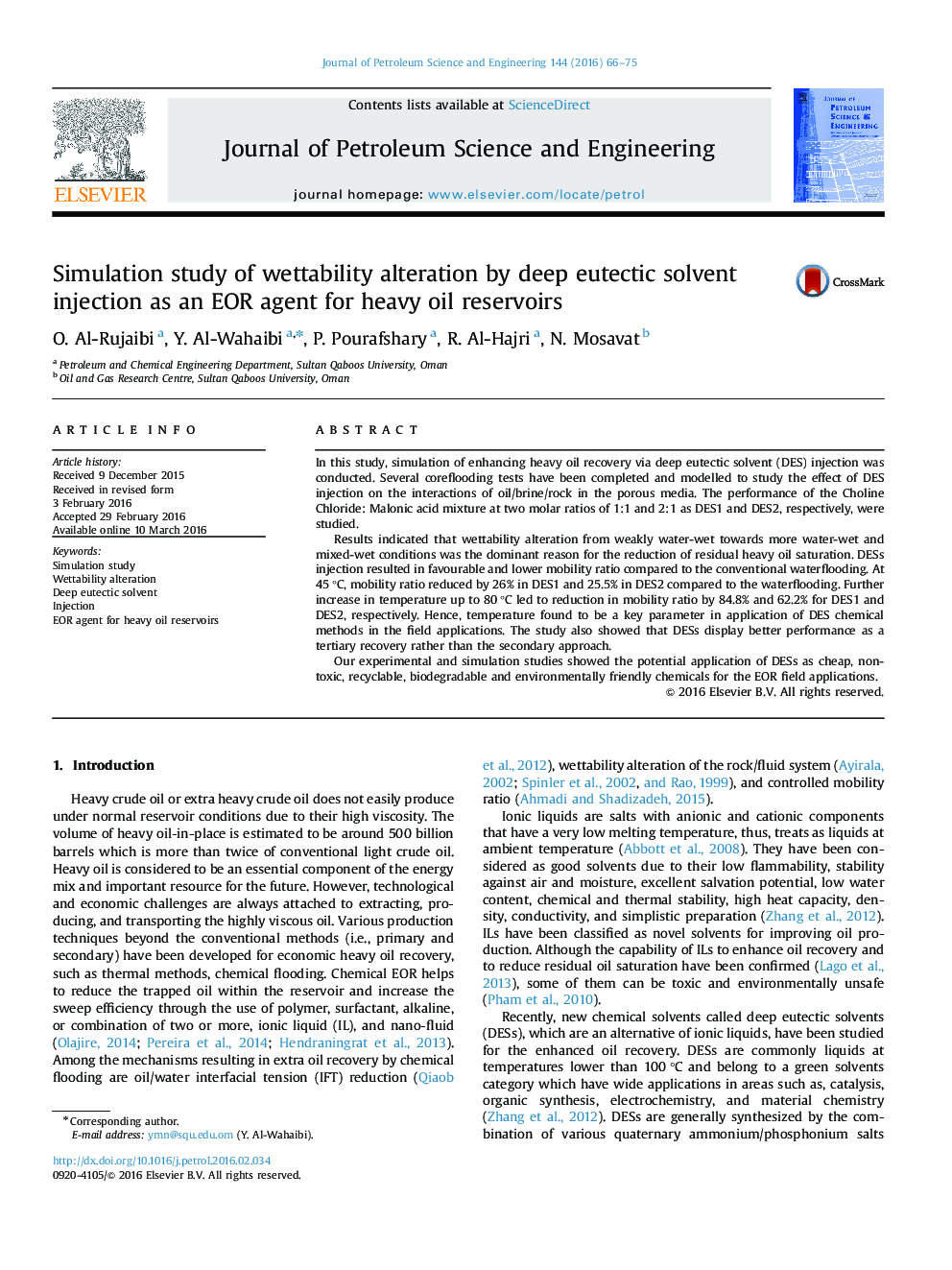 Simulation study of wettability alteration by deep eutectic solvent injection as an EOR agent for heavy oil reservoirs