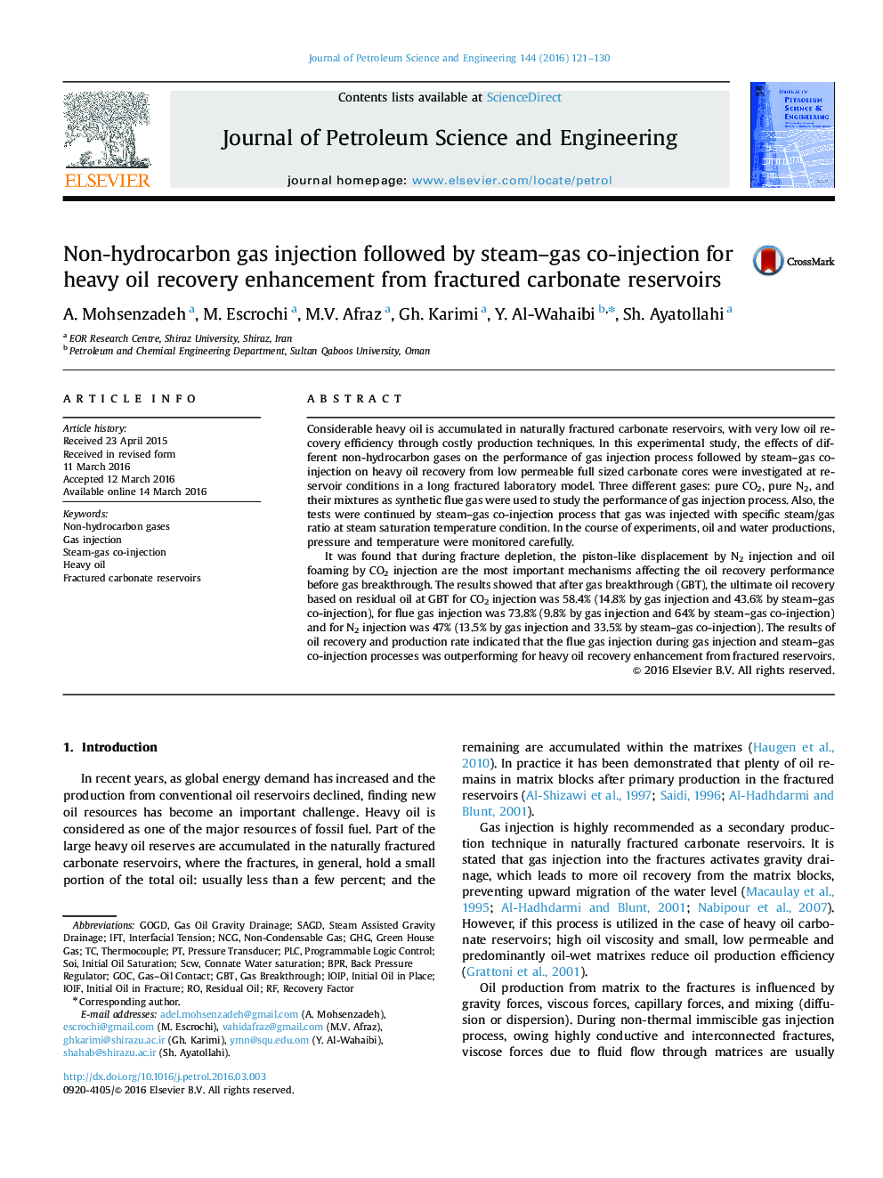 Non-hydrocarbon gas injection followed by steam–gas co-injection for heavy oil recovery enhancement from fractured carbonate reservoirs