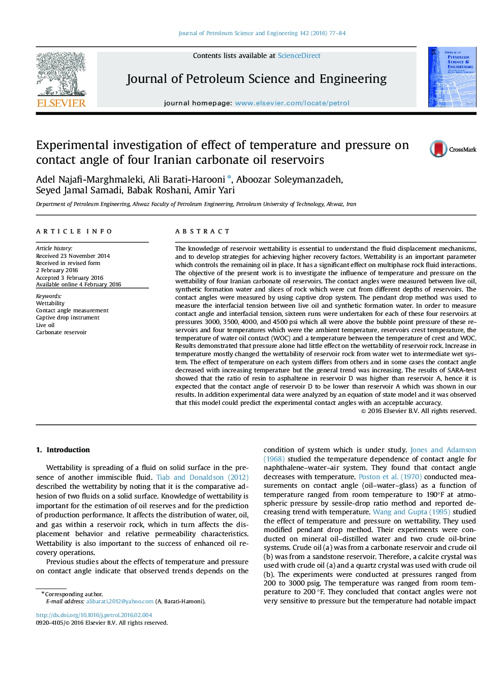 Experimental investigation of effect of temperature and pressure on contact angle of four Iranian carbonate oil reservoirs