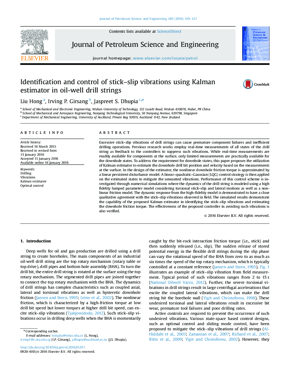 Identification and control of stick-slip vibrations using Kalman estimator in oil-well drill strings