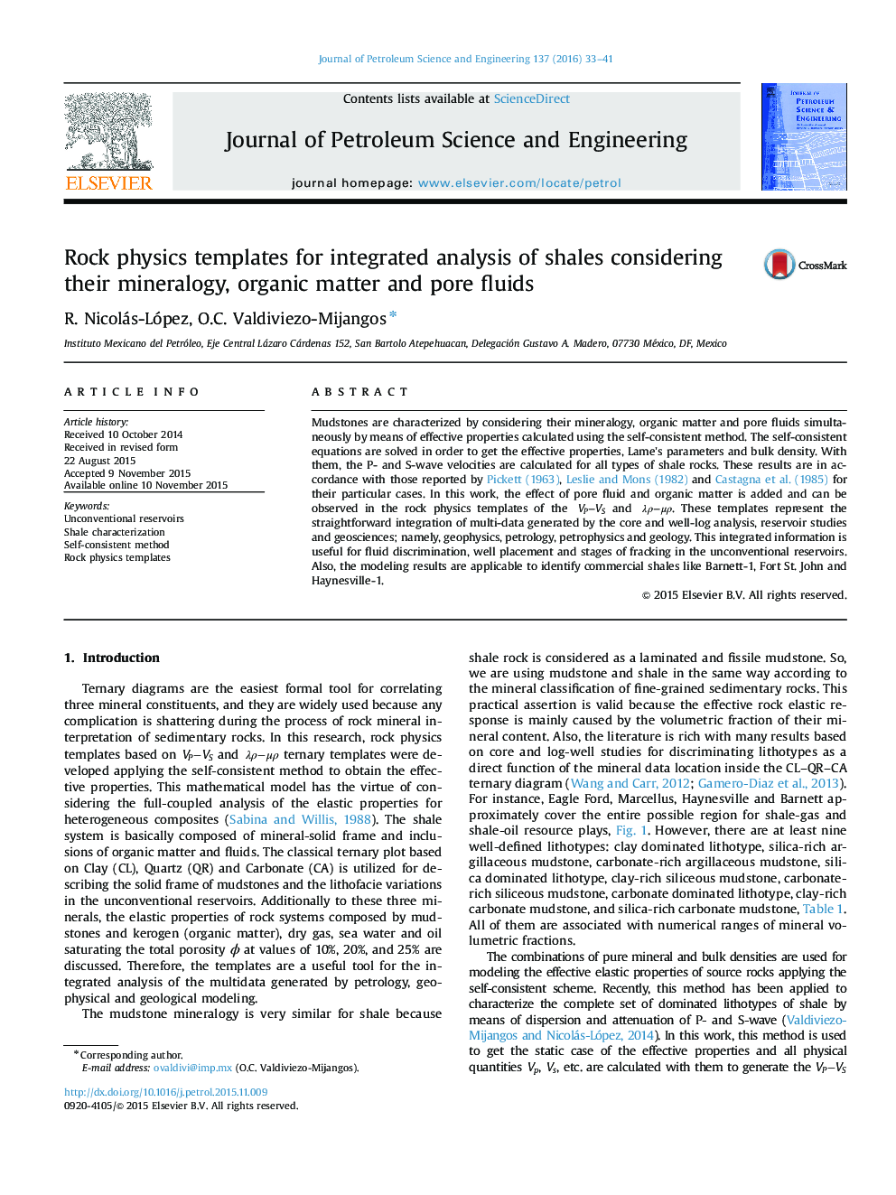 Rock physics templates for integrated analysis of shales considering their mineralogy, organic matter and pore fluids