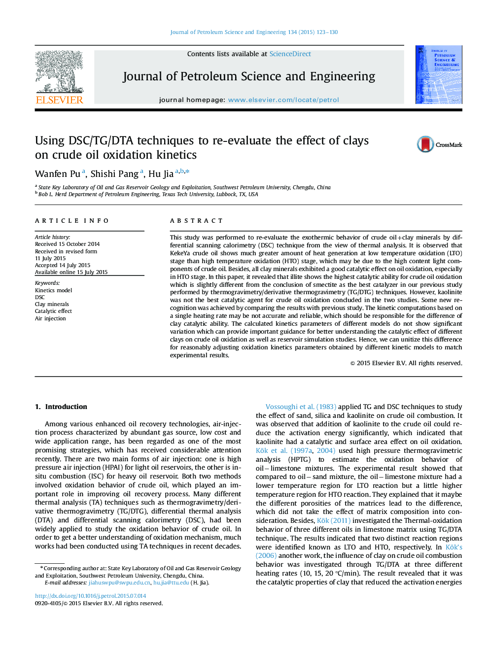 Using DSC/TG/DTA techniques to re-evaluate the effect of clays on crude oil oxidation kinetics