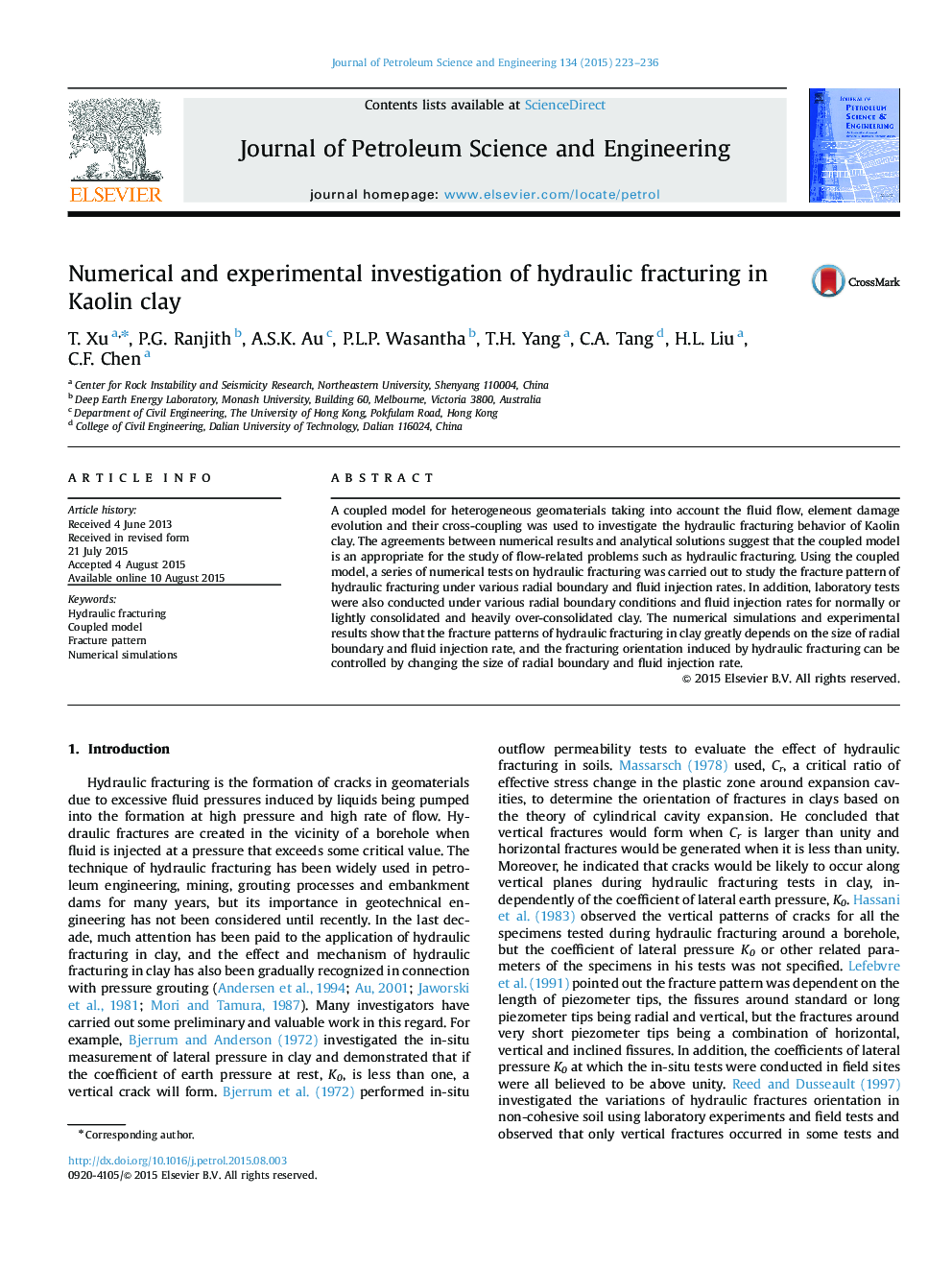 Numerical and experimental investigation of hydraulic fracturing in Kaolin clay
