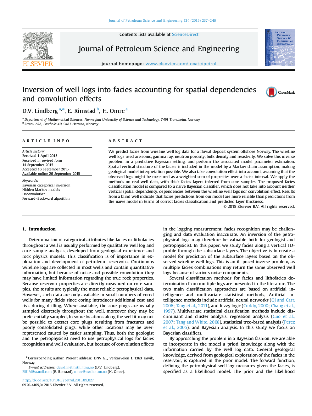 Inversion of well logs into facies accounting for spatial dependencies and convolution effects