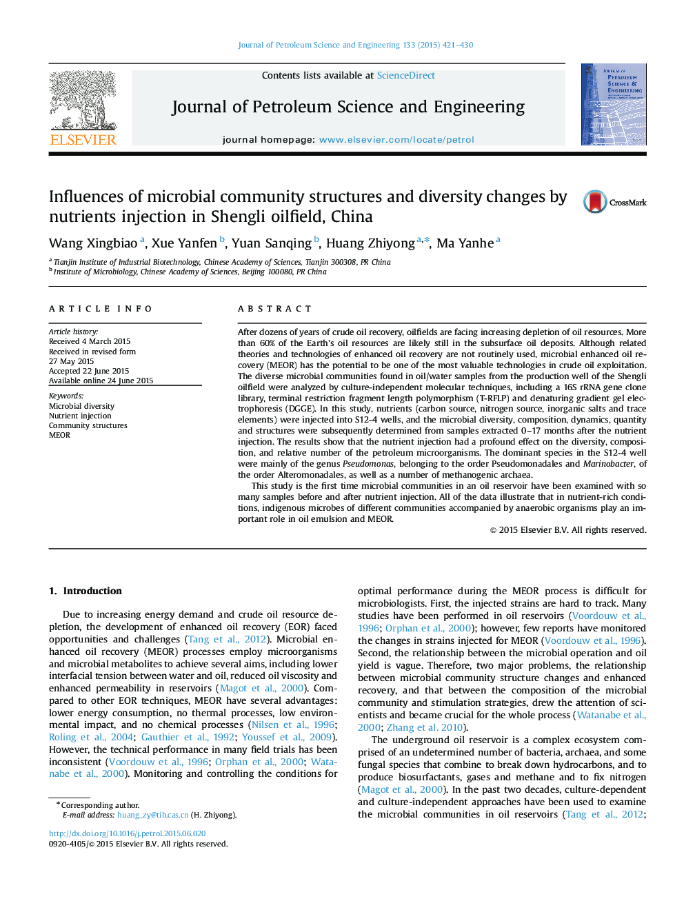 Influences of microbial community structures and diversity changes by nutrients injection in Shengli oilfield, China