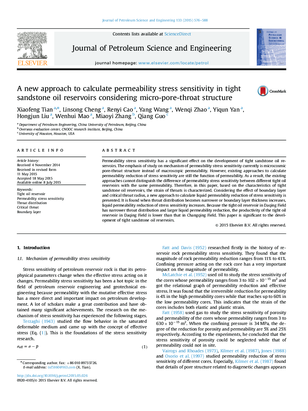 A new approach to calculate permeability stress sensitivity in tight sandstone oil reservoirs considering micro-pore-throat structure