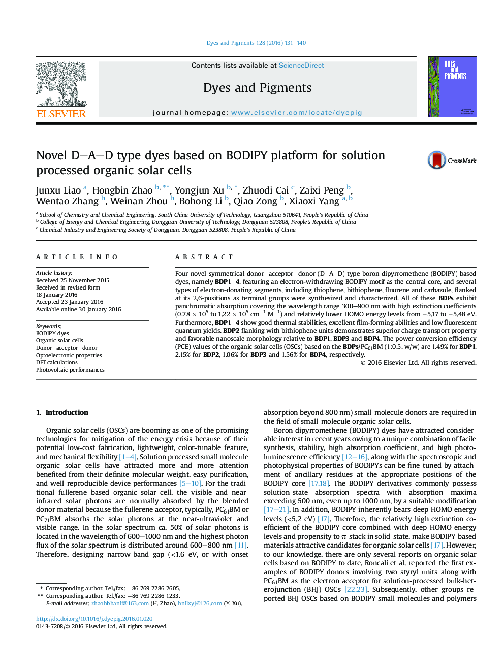 Novel D–A–D type dyes based on BODIPY platform for solution processed organic solar cells