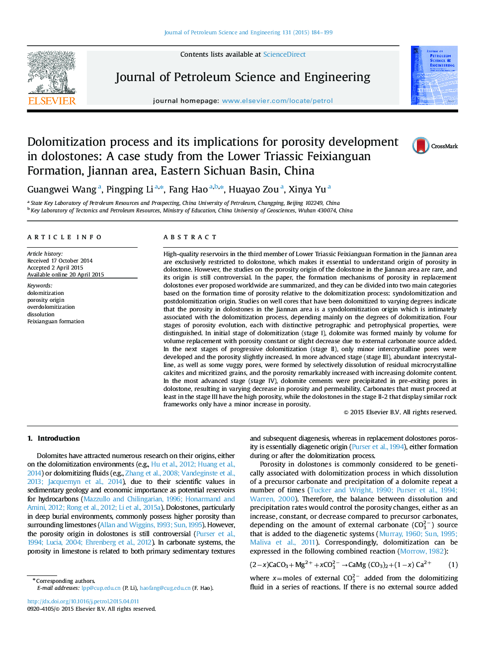 Dolomitization process and its implications for porosity development in dolostones: A case study from the Lower Triassic Feixianguan Formation, Jiannan area, Eastern Sichuan Basin, China