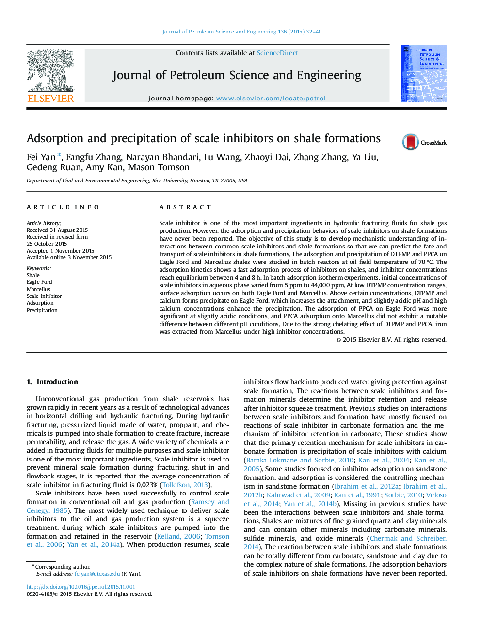 Adsorption and precipitation of scale inhibitors on shale formations
