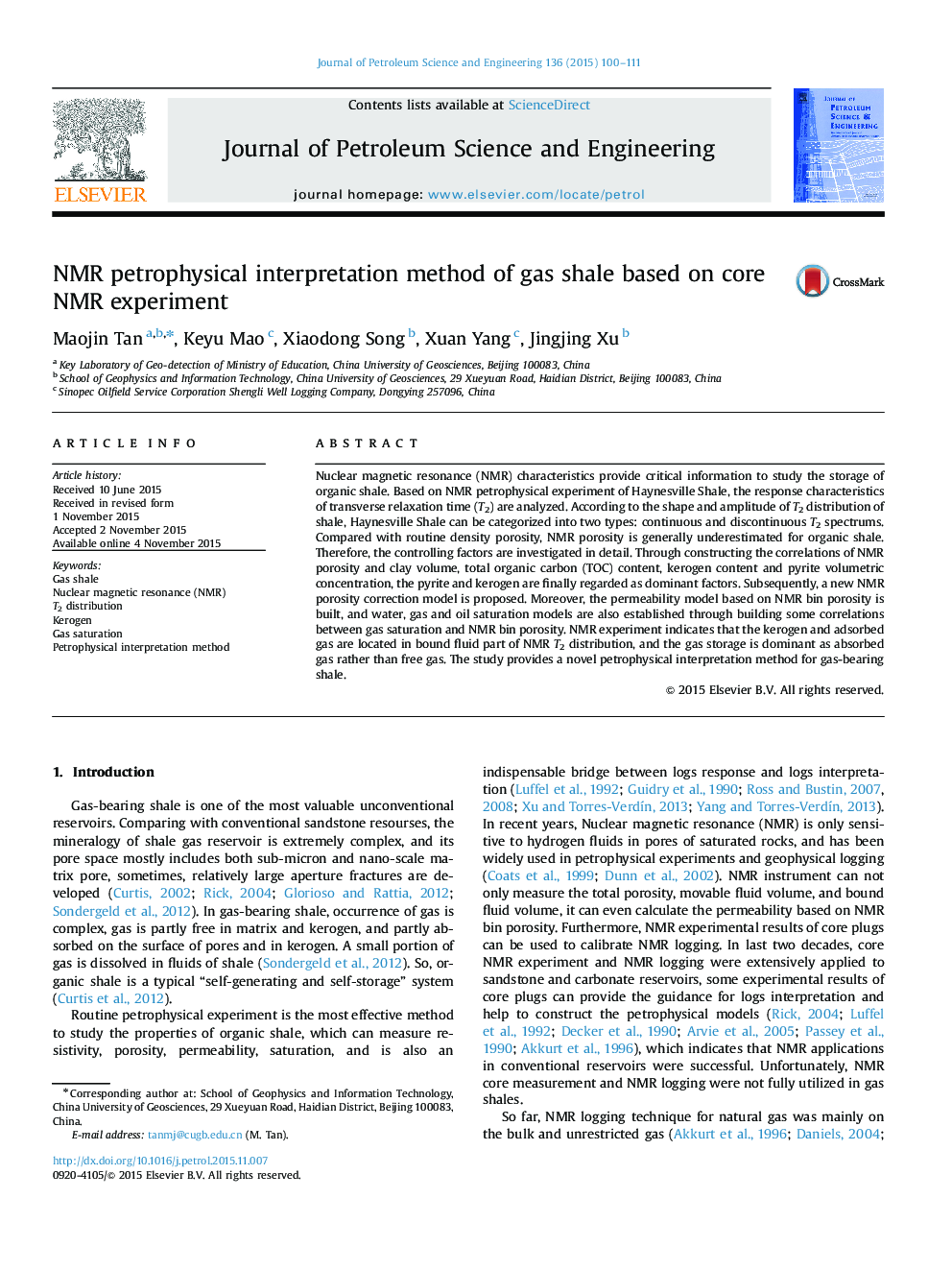 NMR petrophysical interpretation method of gas shale based on core NMR experiment