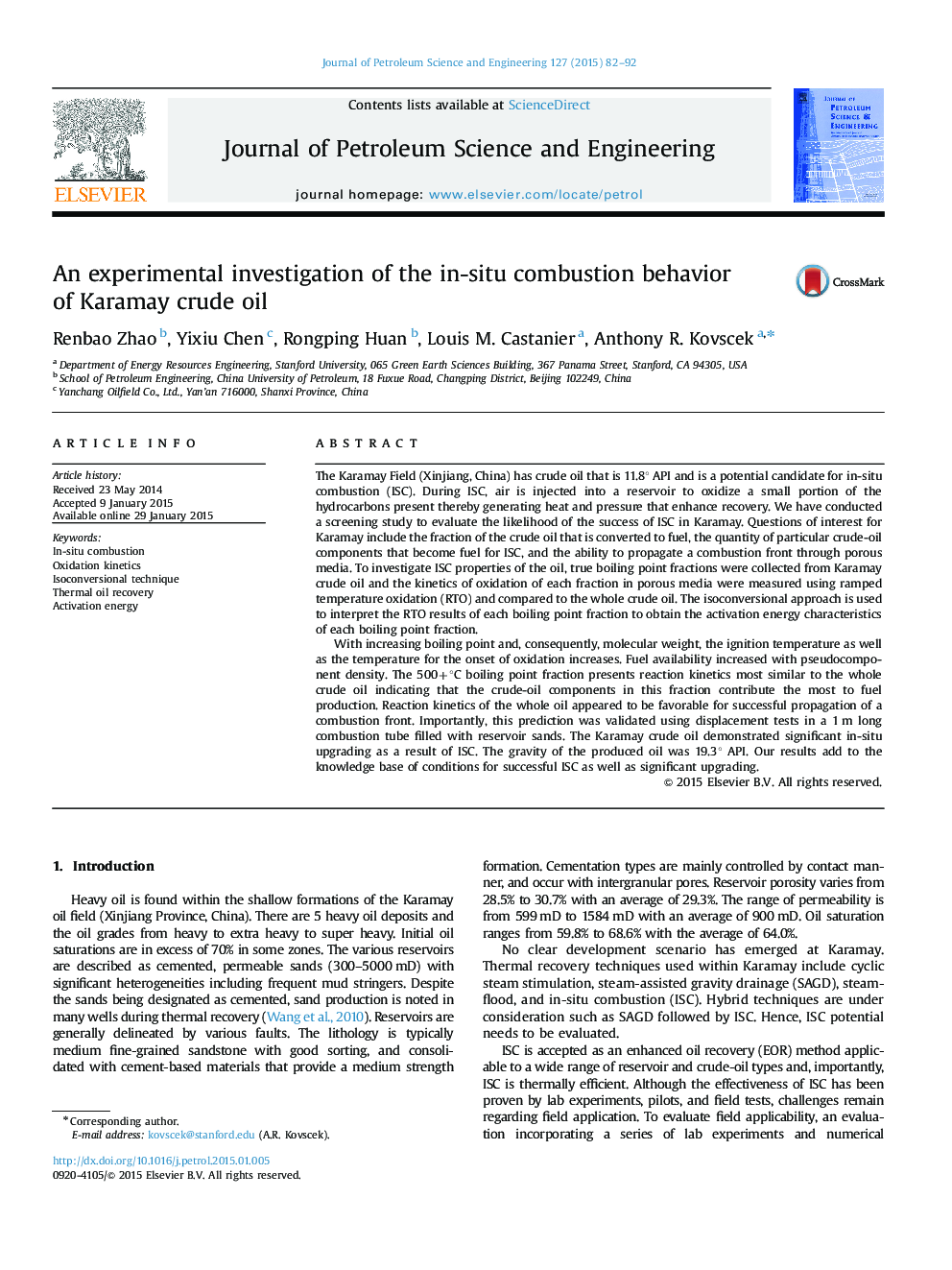 An experimental investigation of the in-situ combustion behavior of Karamay crude oil