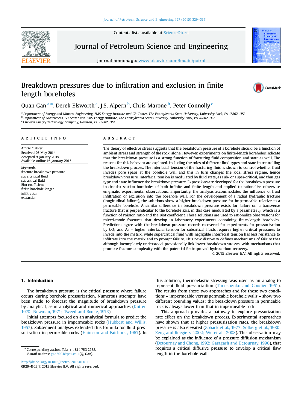 Breakdown pressures due to infiltration and exclusion in finite length boreholes