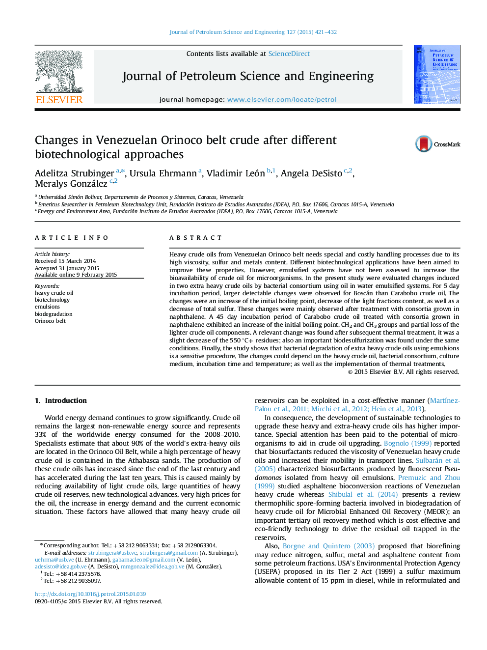 Changes in Venezuelan Orinoco belt crude after different biotechnological approaches