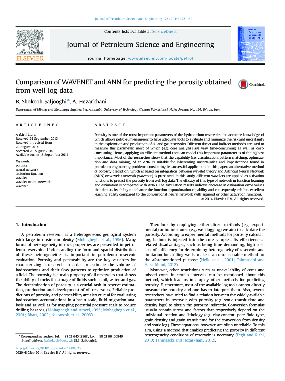 Comparison of WAVENET and ANN for predicting the porosity obtained from well log data