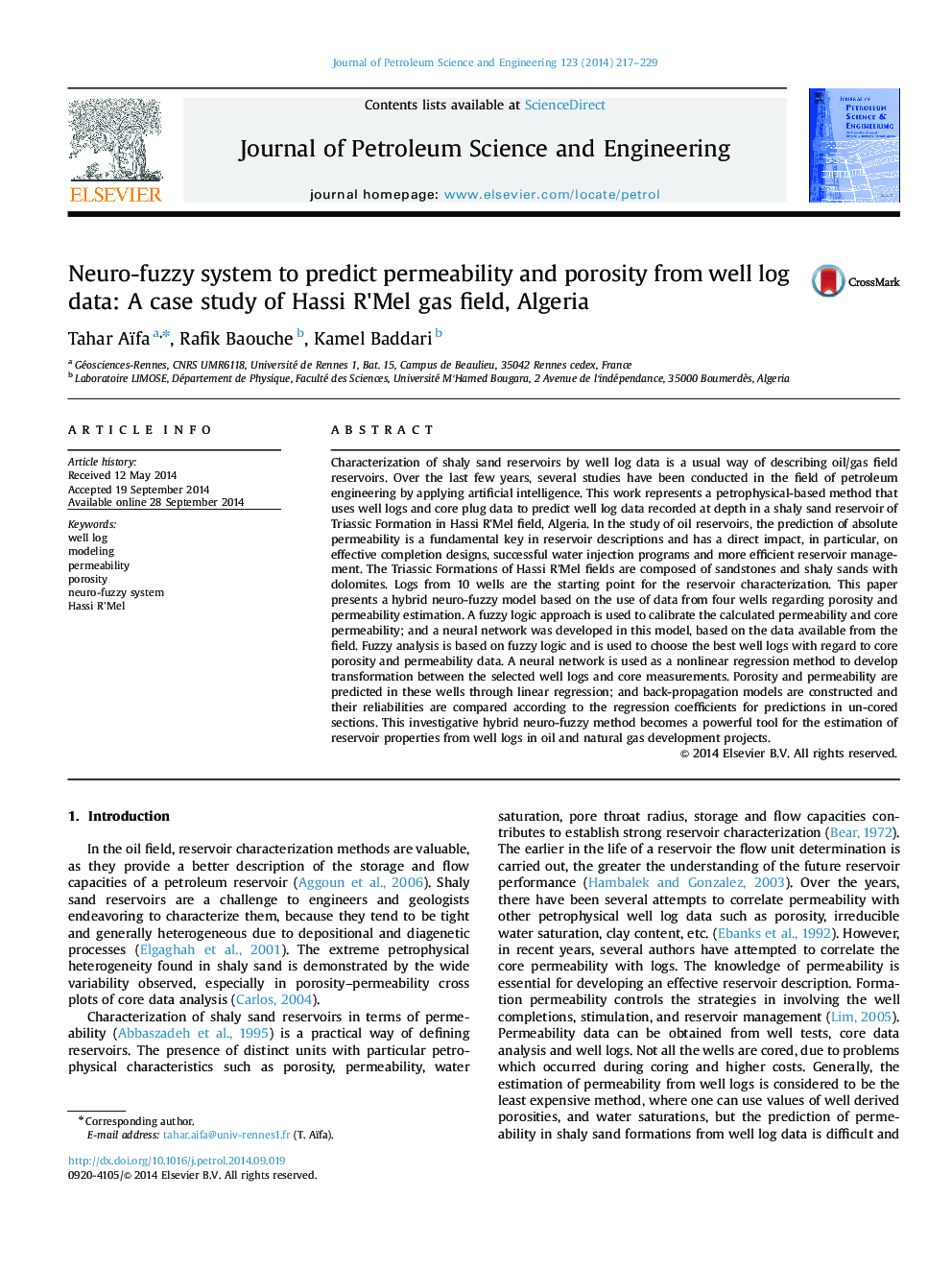 Neuro-fuzzy system to predict permeability and porosity from well log data: A case study of Hassi R׳Mel gas field, Algeria