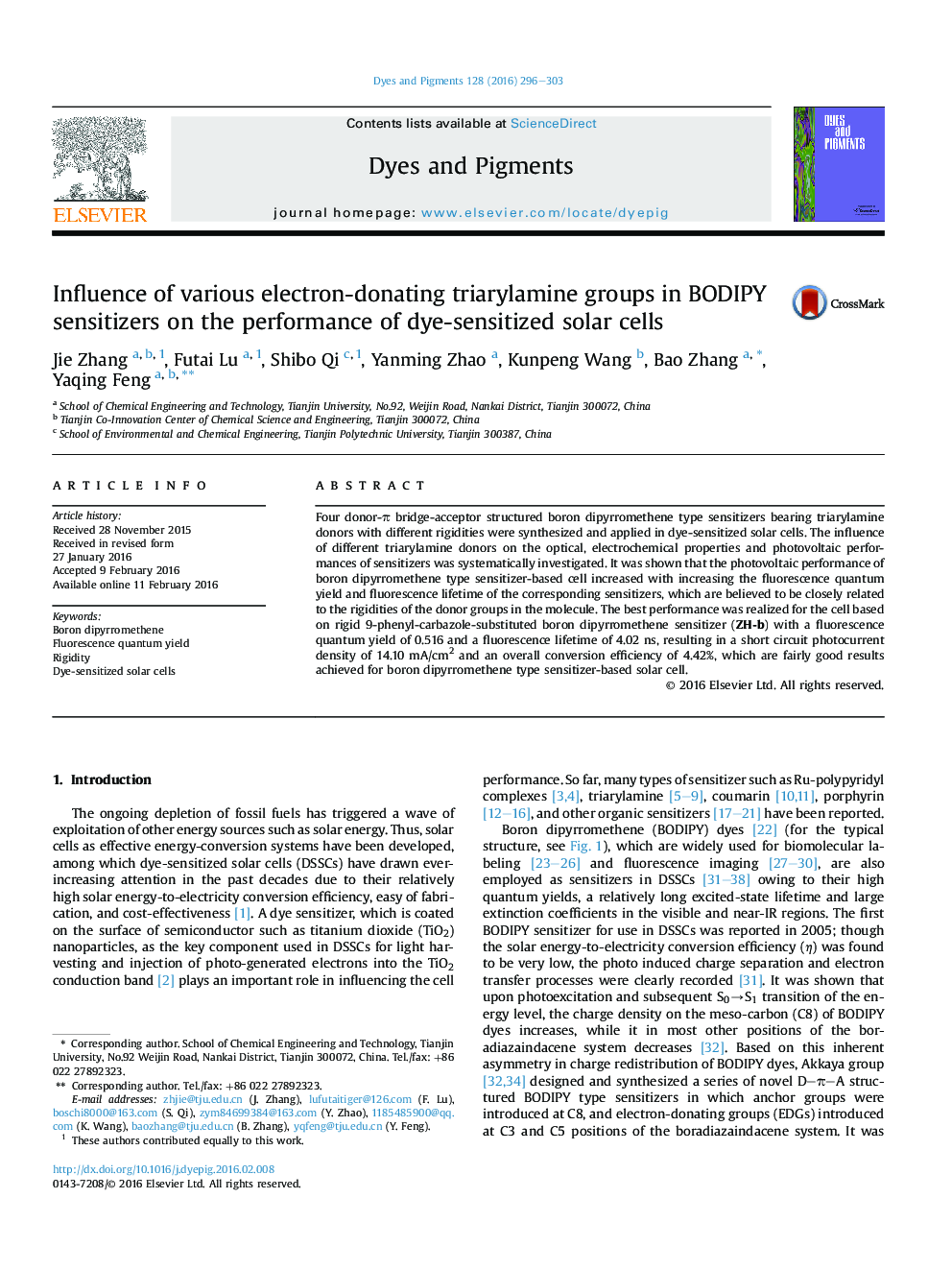 Influence of various electron-donating triarylamine groups in BODIPY sensitizers on the performance of dye-sensitized solar cells