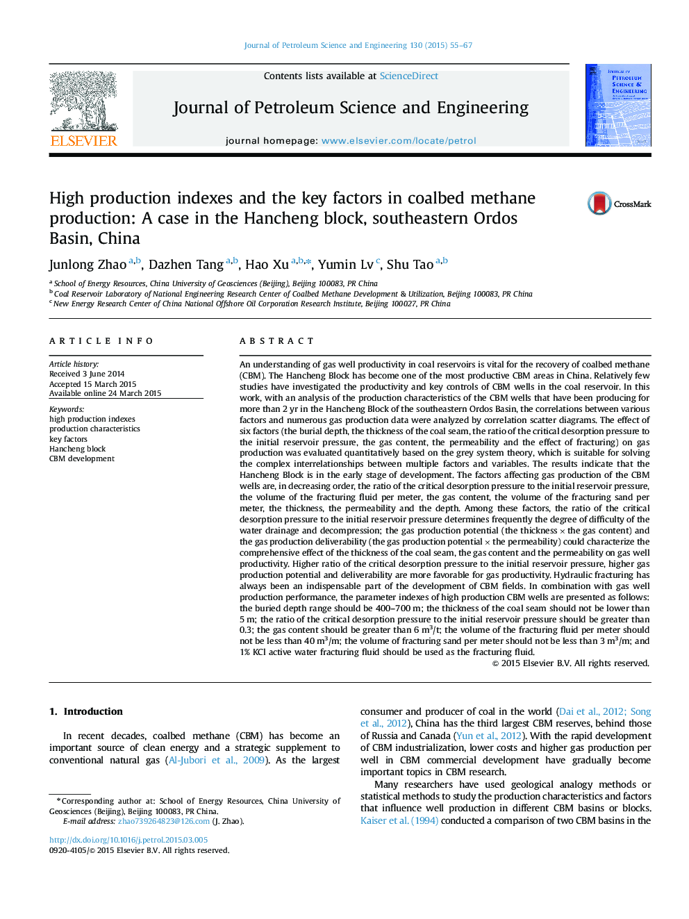 High production indexes and the key factors in coalbed methane production: A case in the Hancheng block, southeastern Ordos Basin, China