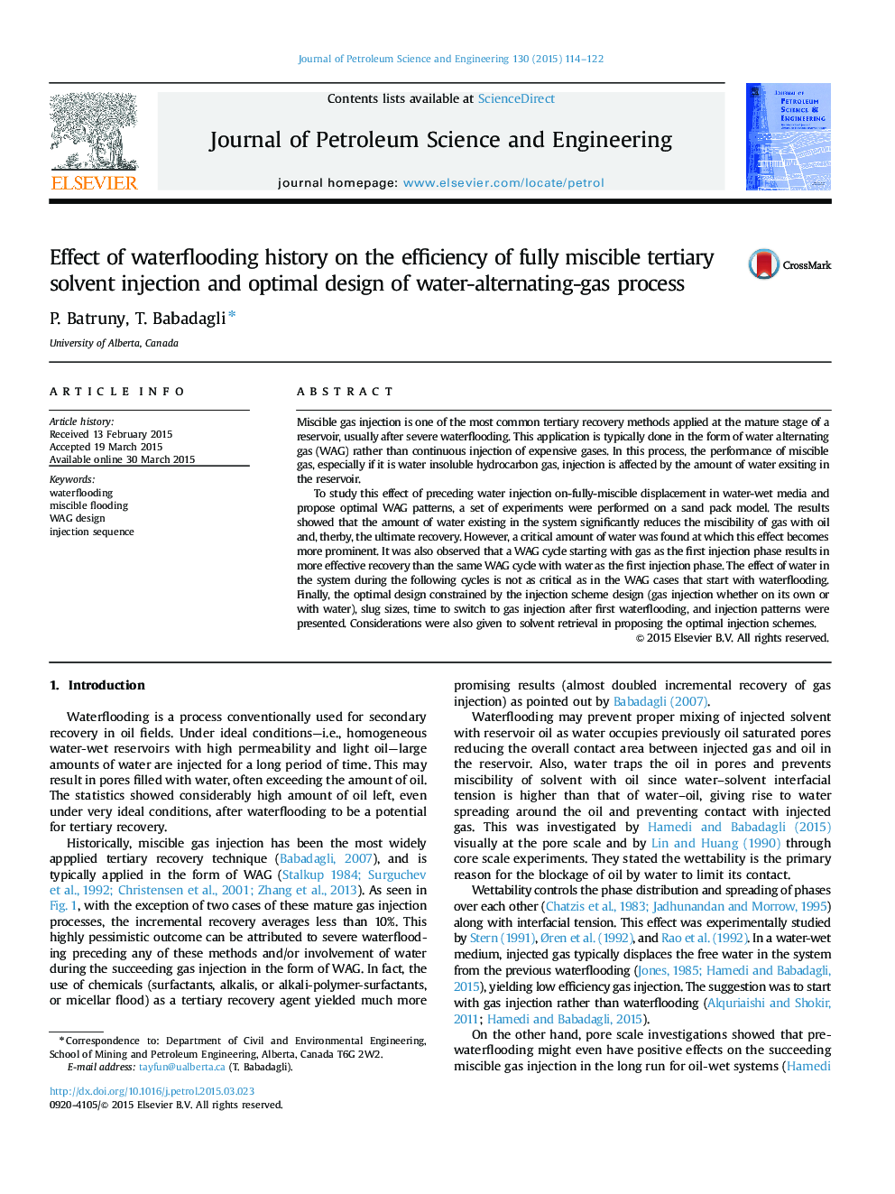 Effect of waterflooding history on the efficiency of fully miscible tertiary solvent injection and optimal design of water-alternating-gas process