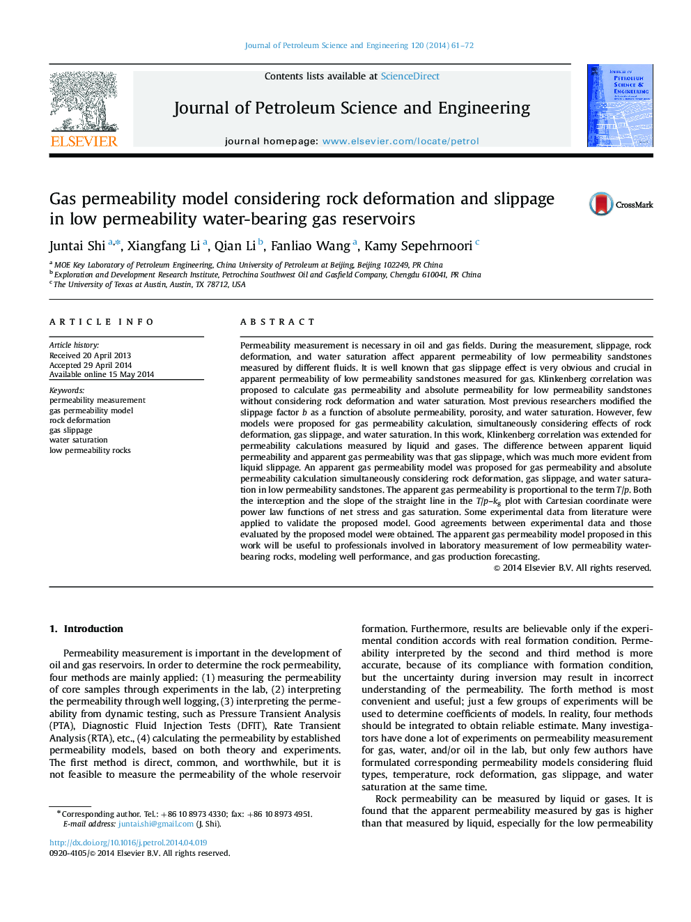 Gas permeability model considering rock deformation and slippage in low permeability water-bearing gas reservoirs