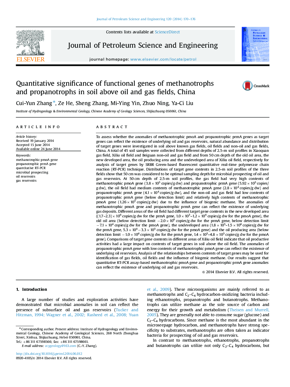Quantitative significance of functional genes of methanotrophs and propanotrophs in soil above oil and gas fields, China