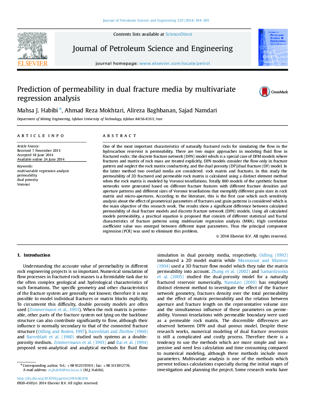 Prediction of permeability in dual fracture media by multivariate regression analysis