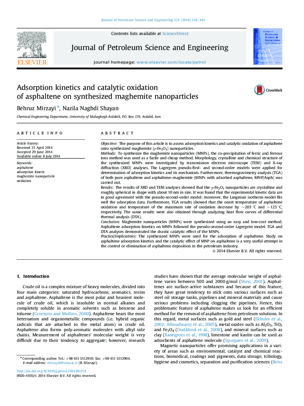 Adsorption kinetics and catalytic oxidation of asphaltene on synthesized maghemite nanoparticles