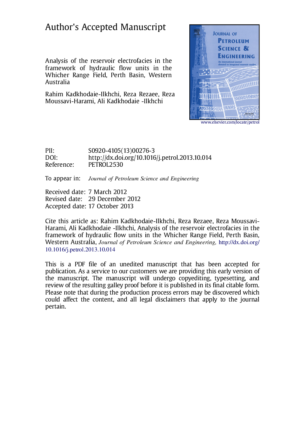 Analysis of the reservoir electrofacies in the framework of hydraulic flow units in the Whicher Range Field, Perth Basin, Western Australia