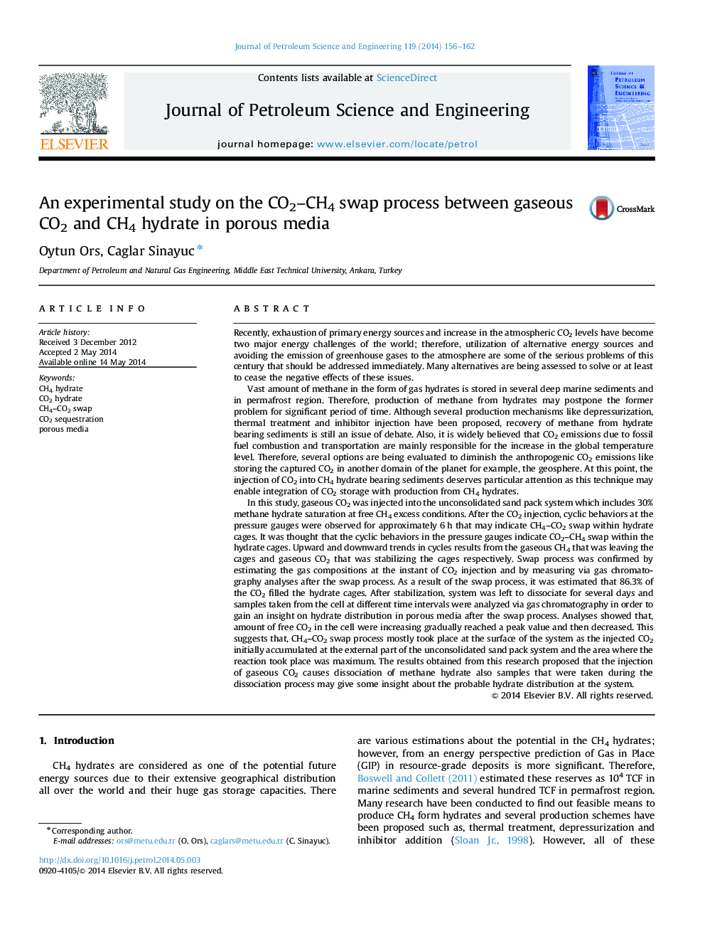 An experimental study on the CO2–CH4 swap process between gaseous CO2 and CH4 hydrate in porous media