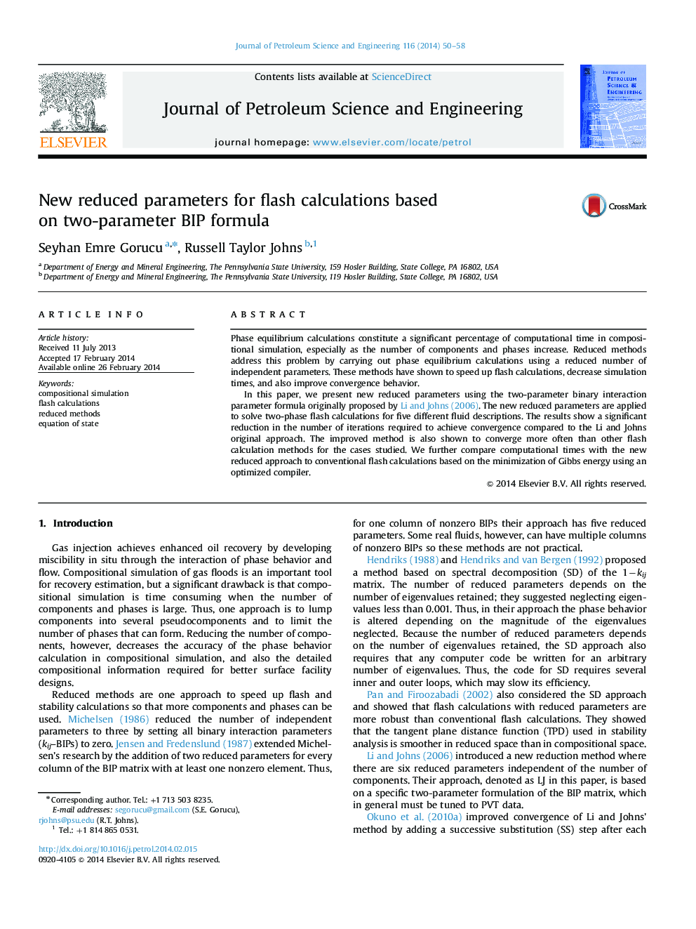 New reduced parameters for flash calculations based on two-parameter BIP formula