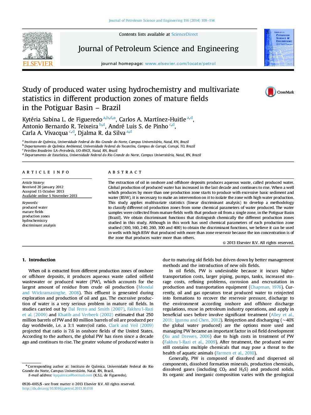 Study of produced water using hydrochemistry and multivariate statistics in different production zones of mature fields in the Potiguar Basin – Brazil
