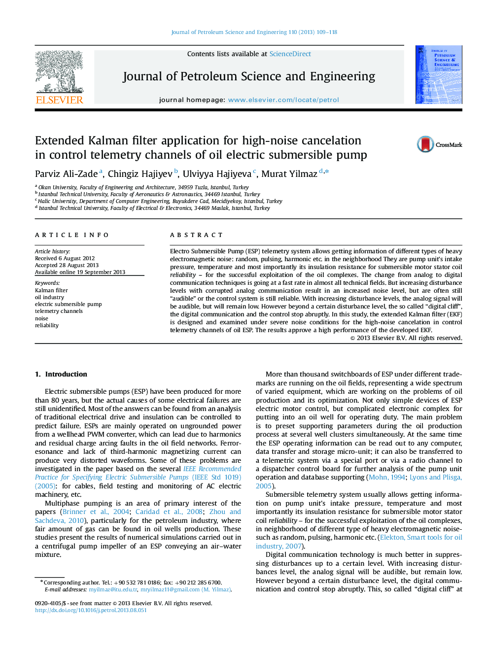 Extended Kalman filter application for high-noise cancelation in control telemetry channels of oil electric submersible pump
