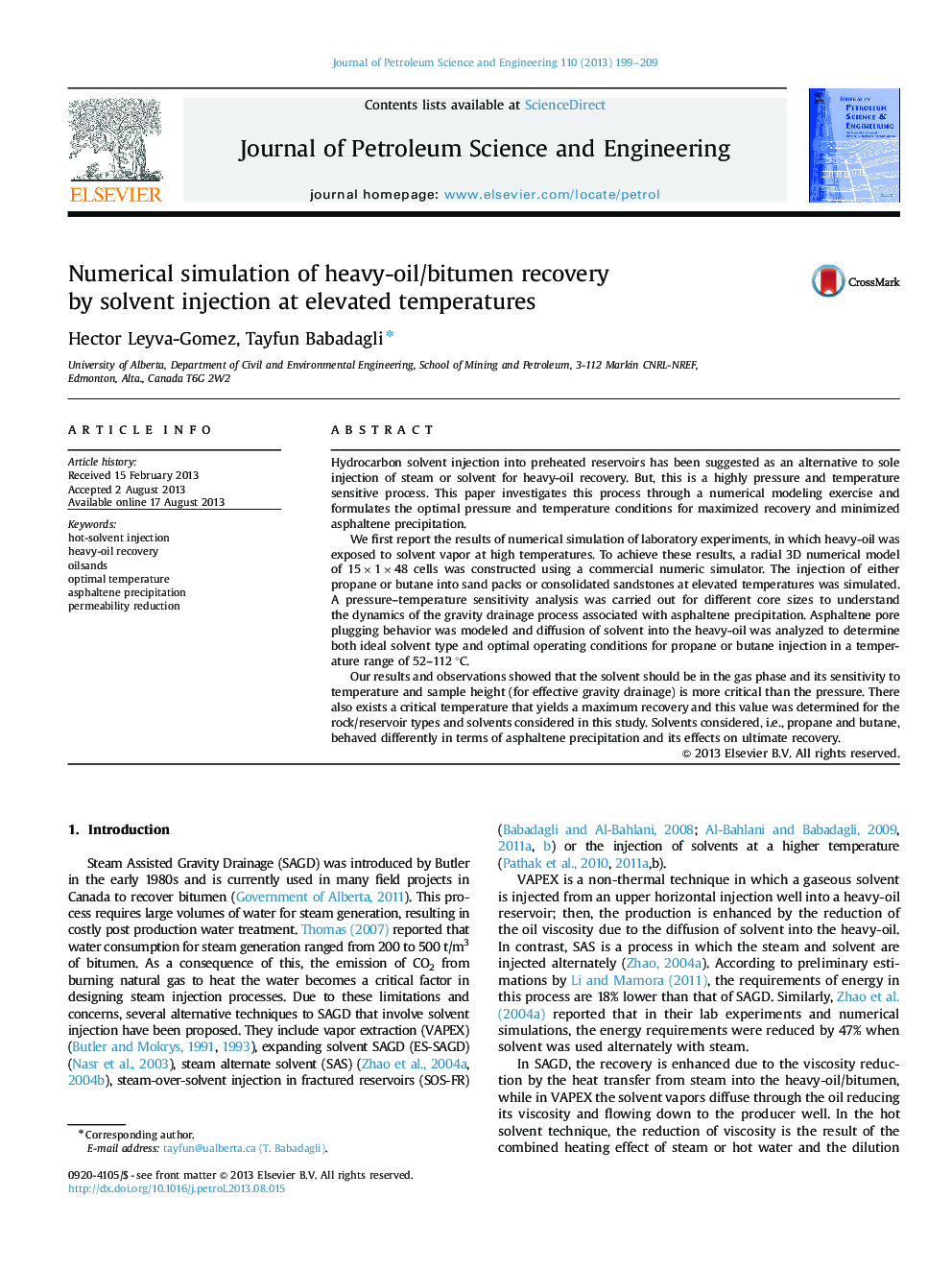 Numerical simulation of heavy-oil/bitumen recovery by solvent injection at elevated temperatures