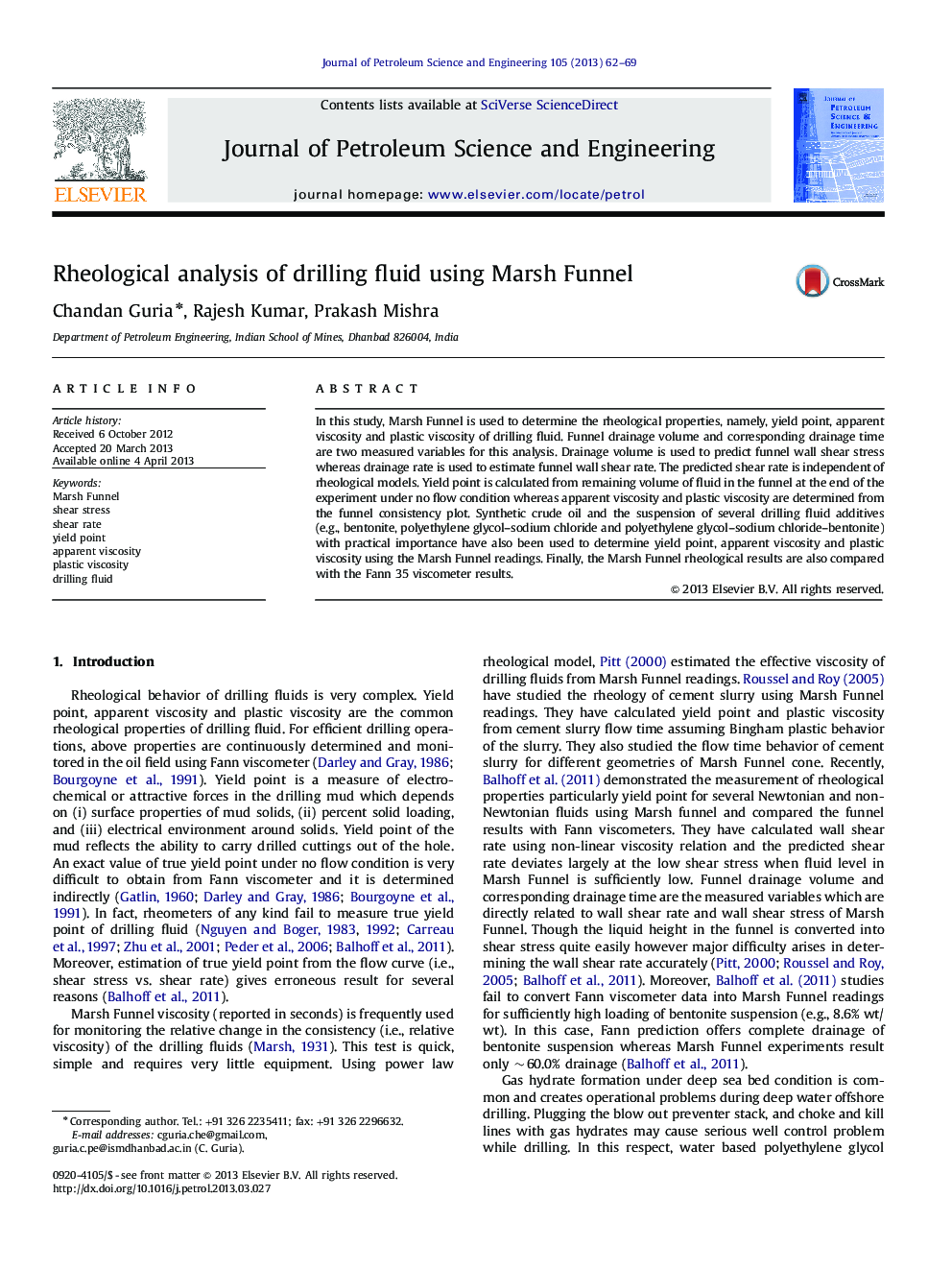 Rheological analysis of drilling fluid using Marsh Funnel