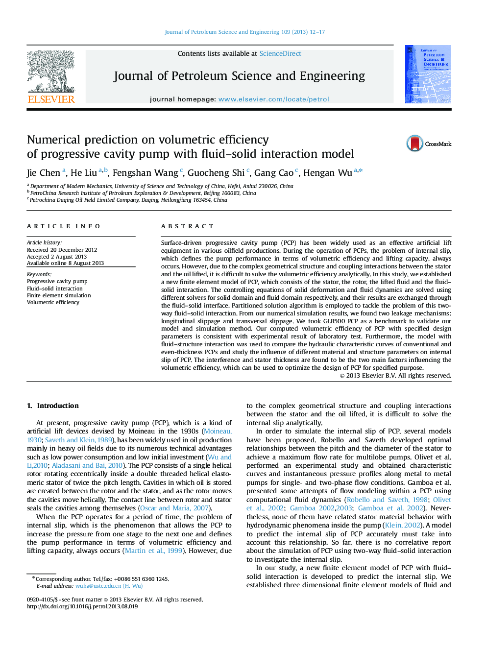 Numerical prediction on volumetric efficiency of progressive cavity pump with fluid–solid interaction model