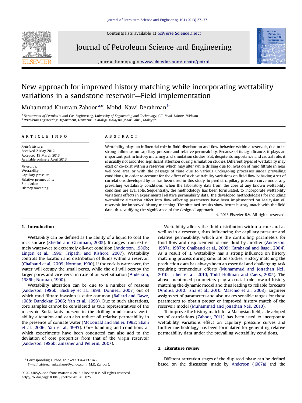 New approach for improved history matching while incorporating wettability variations in a sandstone reservoir—Field implementation