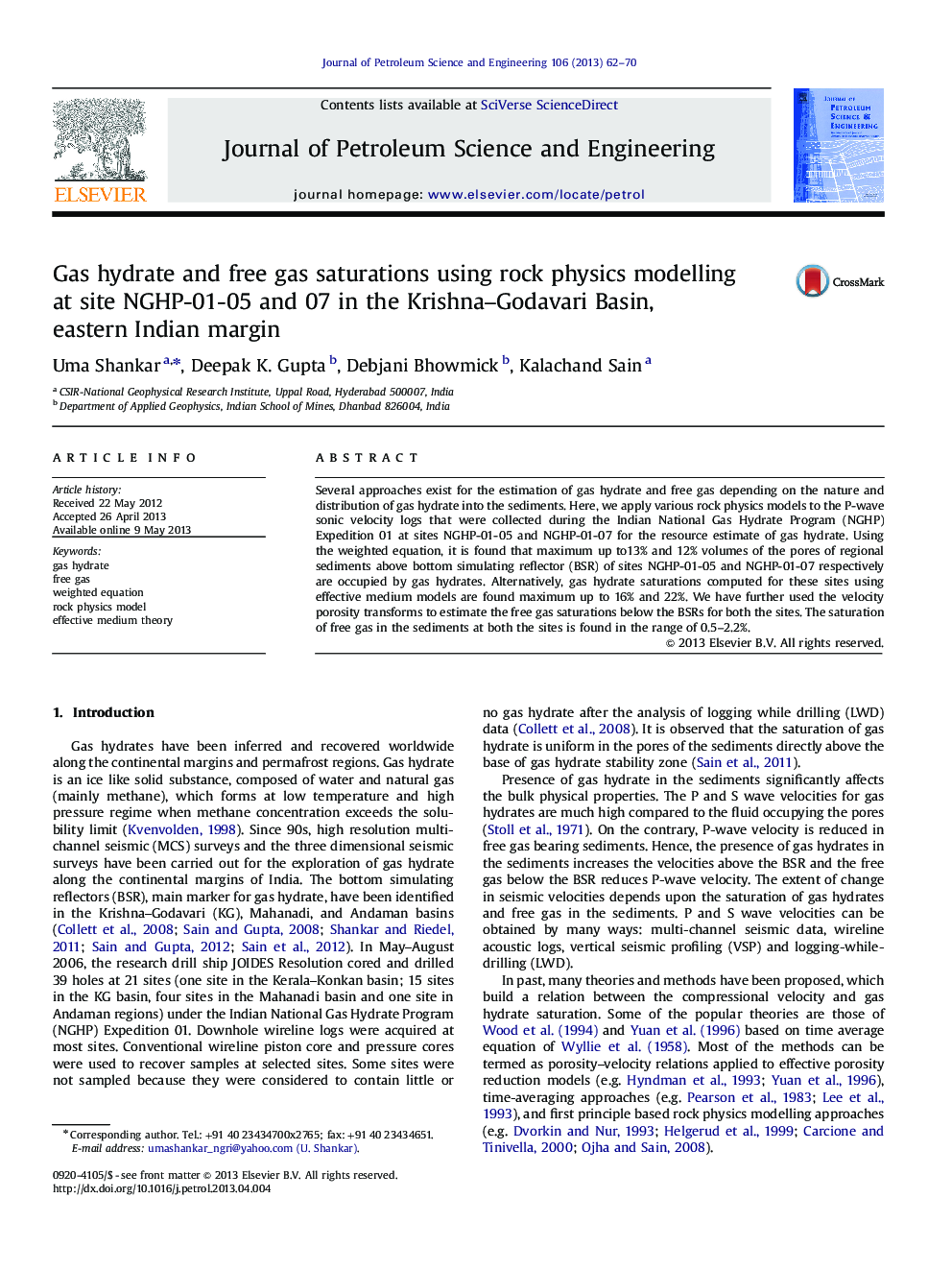 Gas hydrate and free gas saturations using rock physics modelling at site NGHP-01-05 and 07 in the Krishna–Godavari Basin, eastern Indian margin