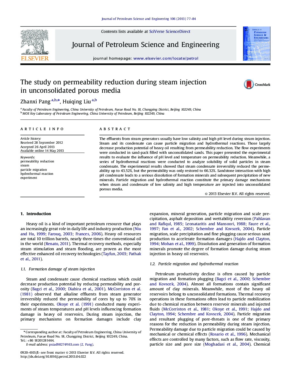 The study on permeability reduction during steam injection in unconsolidated porous media