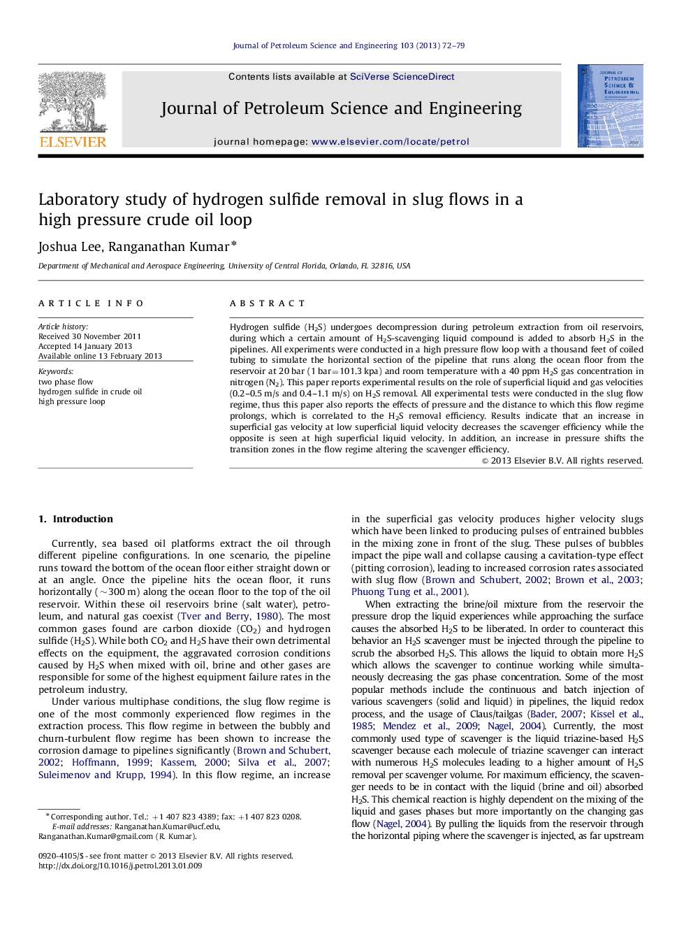 Laboratory study of hydrogen sulfide removal in slug flows in a high pressure crude oil loop