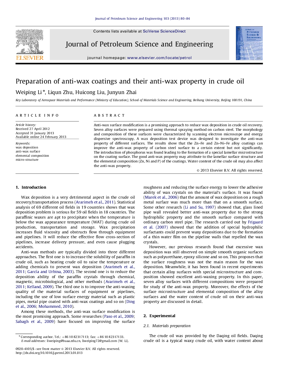 عکس صفحه اول مقاله: Preparation of anti-wax coatings and their anti-wax property in crude oil Preparation of anti-wax coatings and their anti-wax property in crude oil