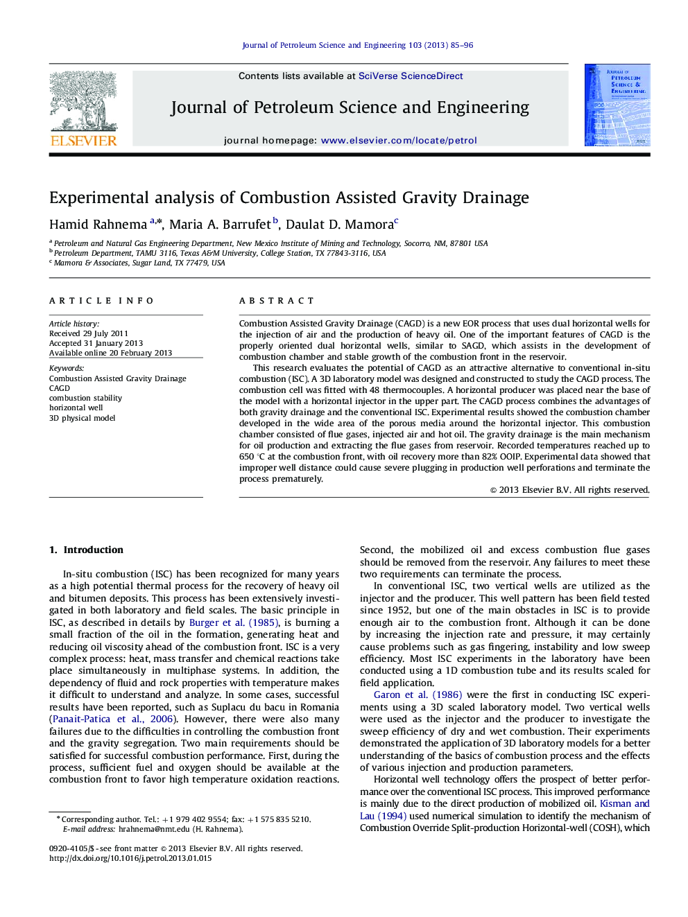 Experimental analysis of Combustion Assisted Gravity Drainage