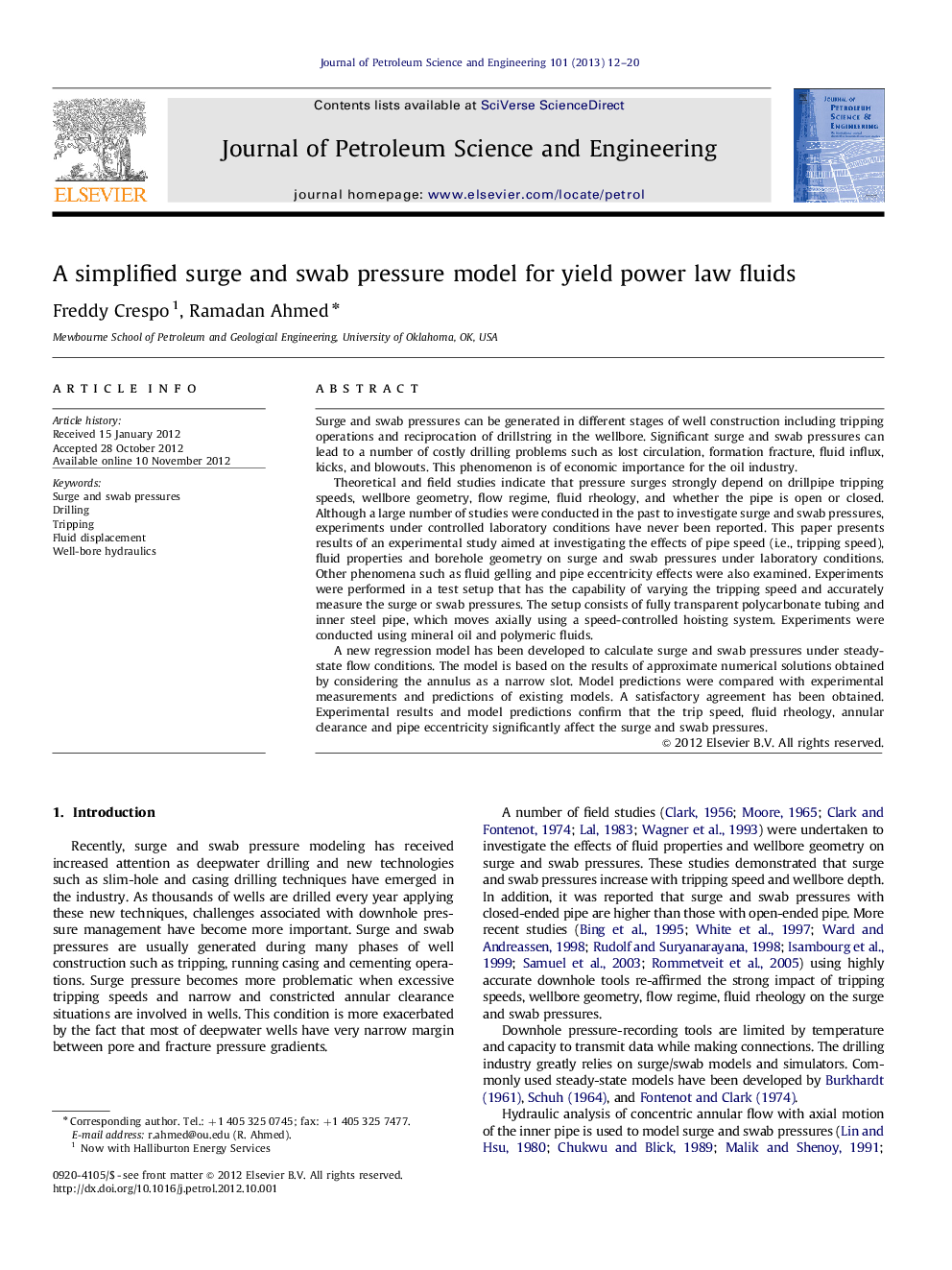 A simplified surge and swab pressure model for yield power law fluids