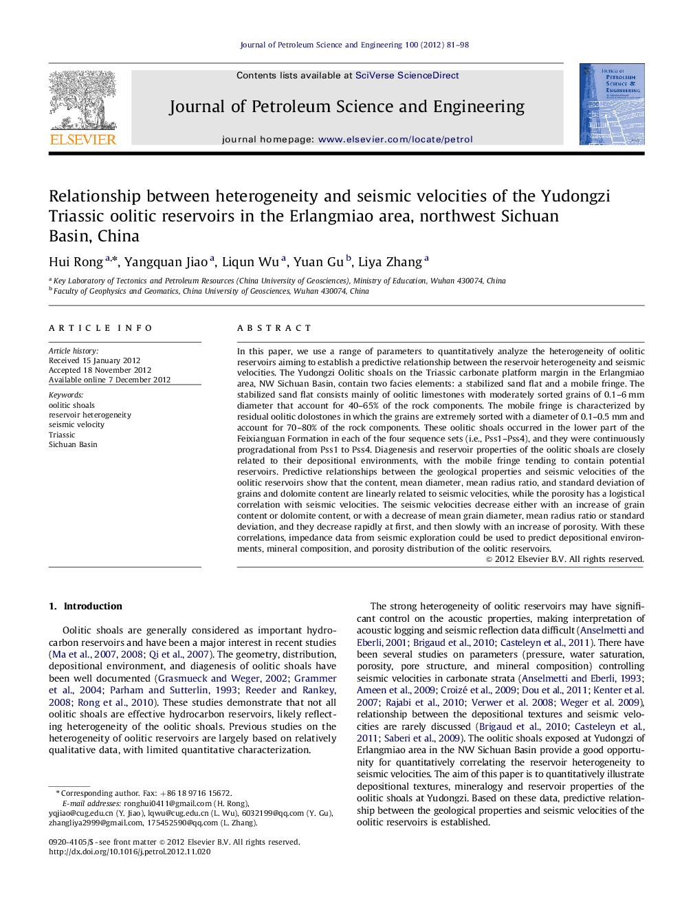 Relationship between heterogeneity and seismic velocities of the Yudongzi Triassic oolitic reservoirs in the Erlangmiao area, northwest Sichuan Basin, China