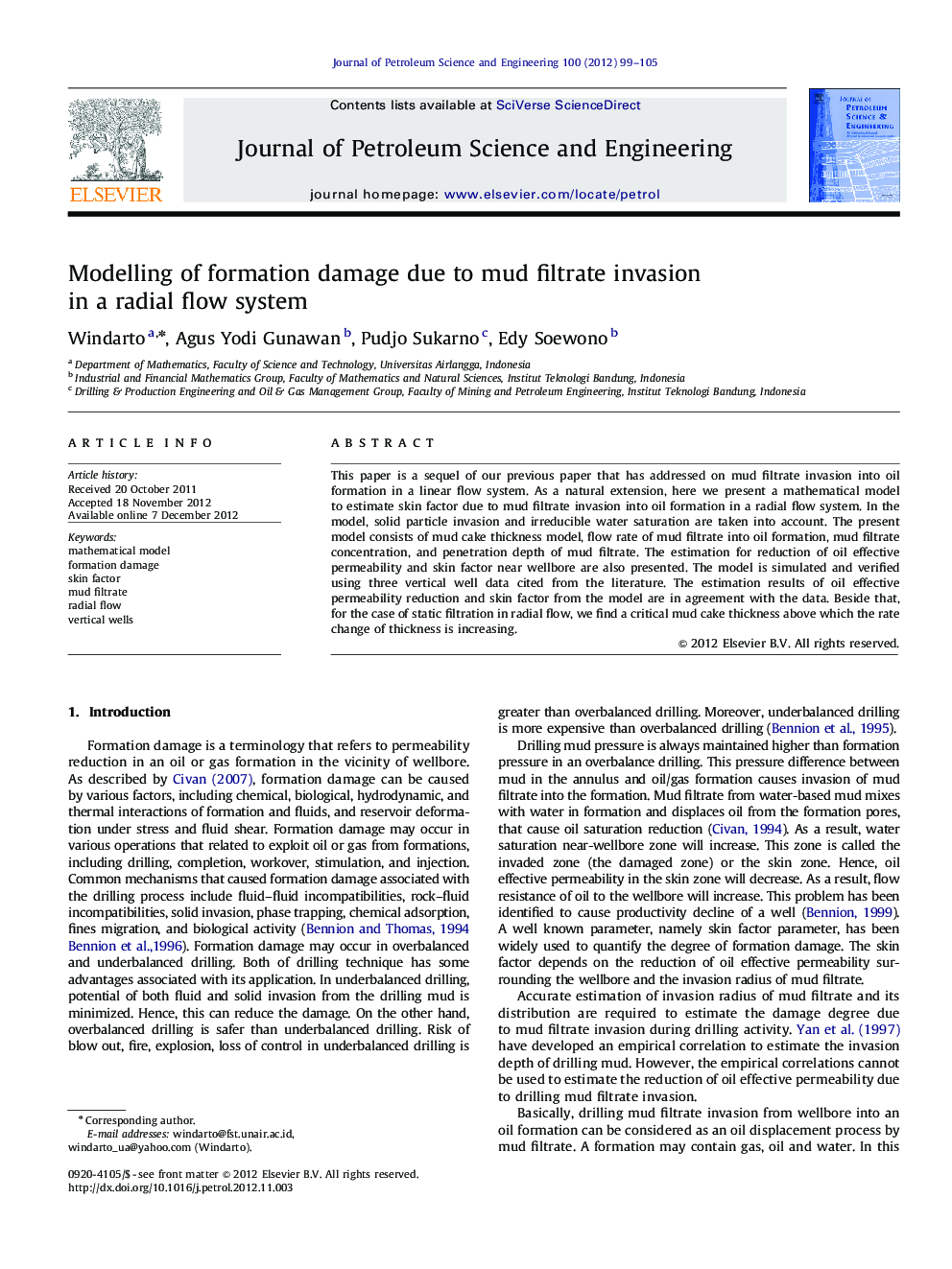 Modelling of formation damage due to mud filtrate invasion in a radial flow system