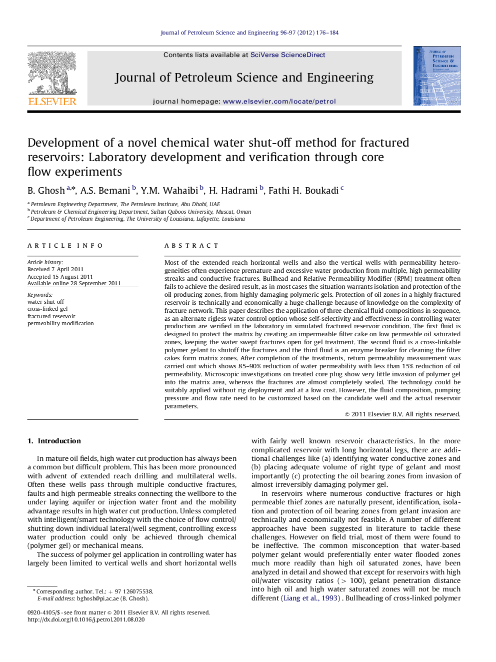 Development of a novel chemical water shut-off method for fractured reservoirs: Laboratory development and verification through core flow experiments