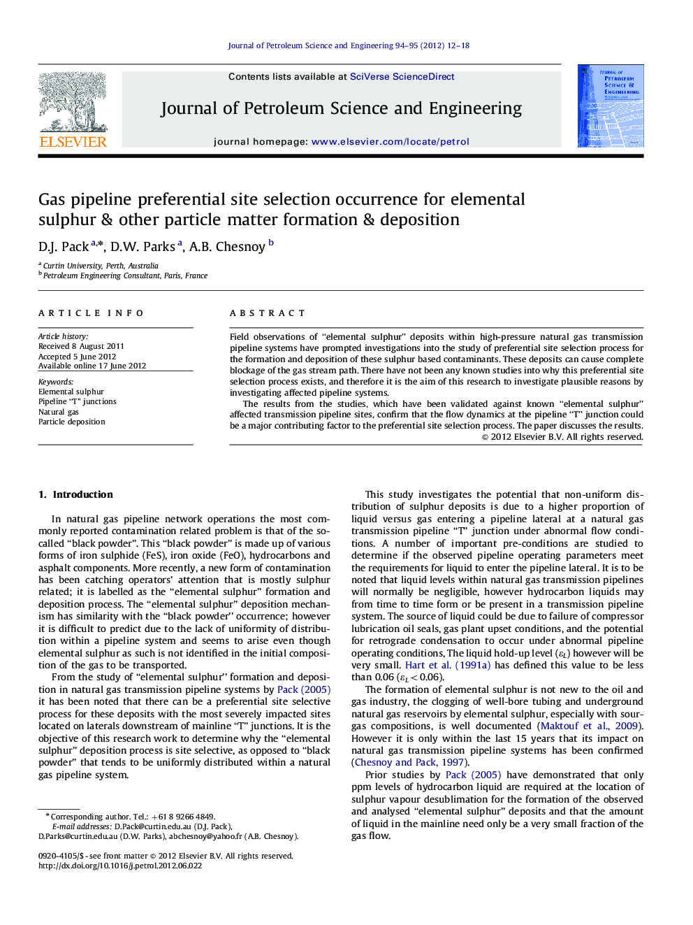 Gas pipeline preferential site selection occurrence for elemental sulphur & other particle matter formation & deposition