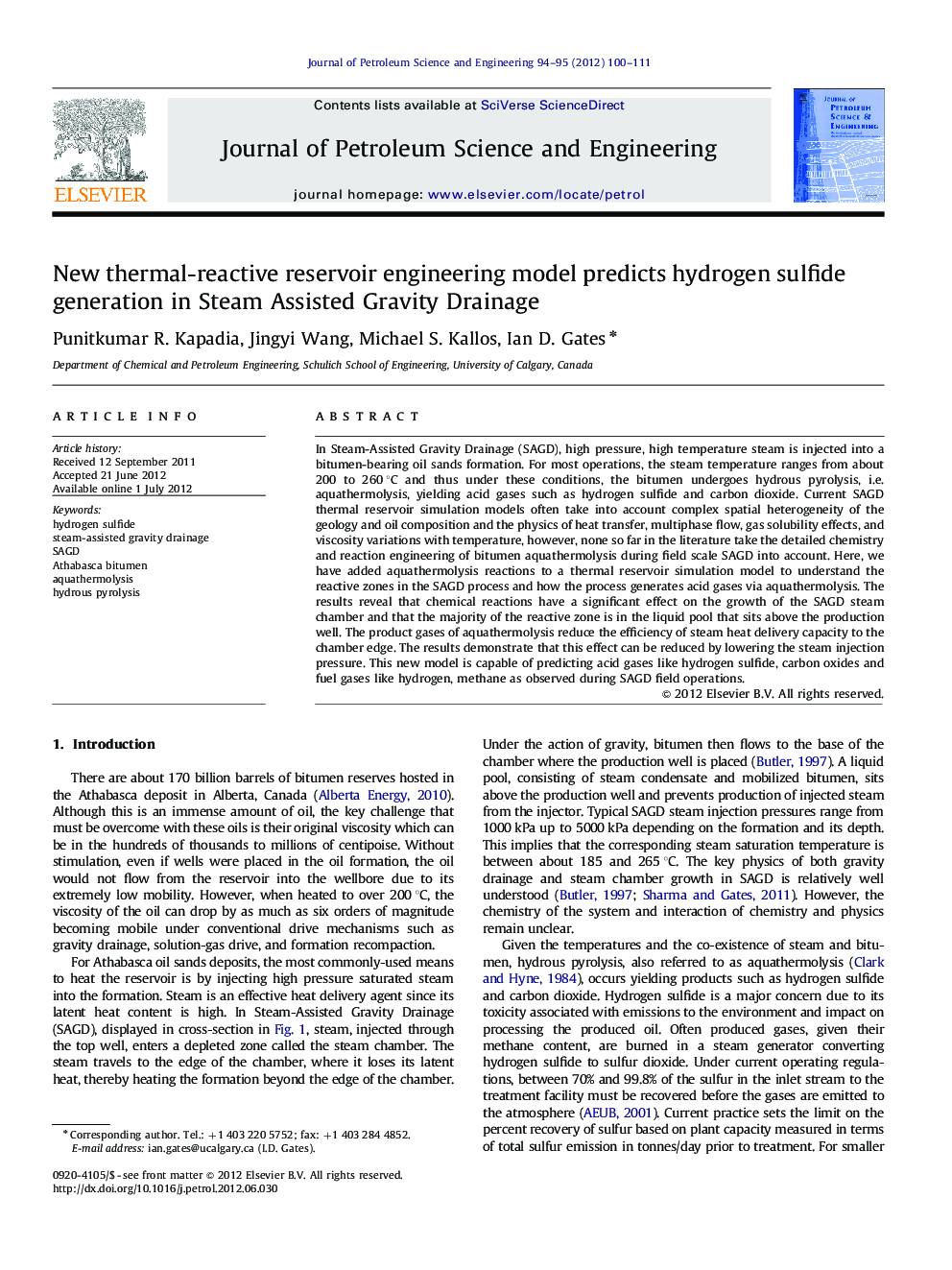 New thermal-reactive reservoir engineering model predicts hydrogen sulfide generation in Steam Assisted Gravity Drainage