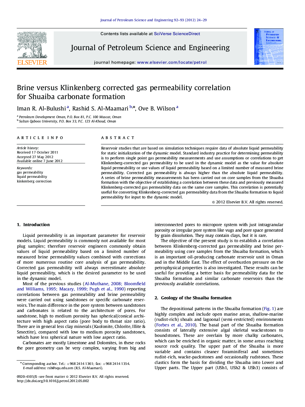 Brine versus Klinkenberg corrected gas permeability correlation for Shuaiba carbonate formation